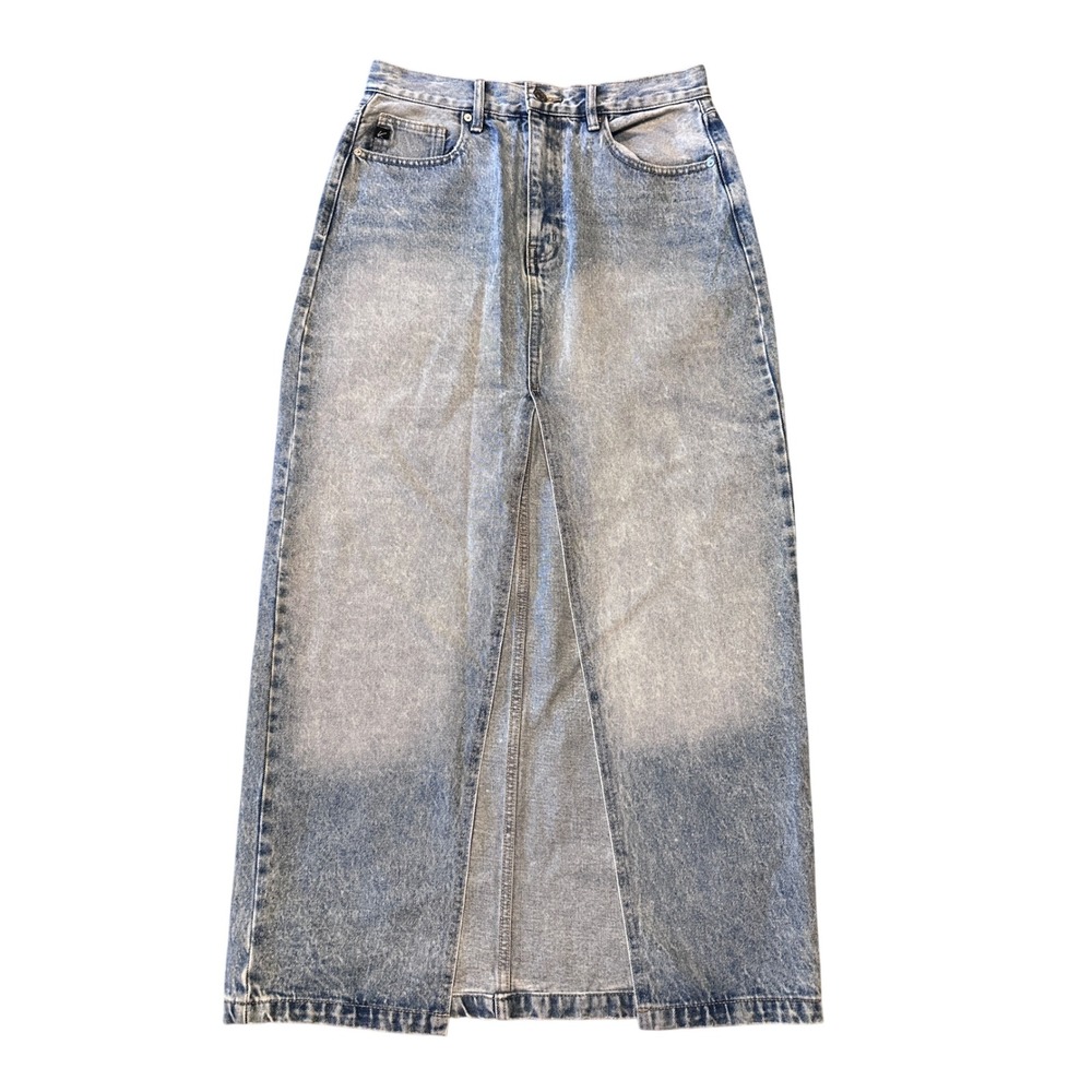 KanCan Light Wash Denim Maxi Skirt High Waisted Front Slit Size Large - Picture 1 of 5